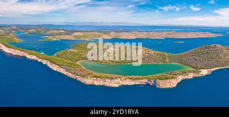 Telascica nature park and green Mir lake on Dugi Otok island aerial panoramic view Stock Photo