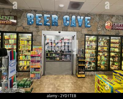 Entrance to a large Beer Cave refrigerator section of a Hannaford grocery store in Blue Hill. In Maine, USA. Stock Photo