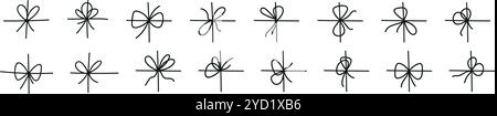 Black bow with tied rope and ribbon knot. Simple line design of string and thread for gift wrapping or marine cord. Flat vector illustration isolated Stock Vector