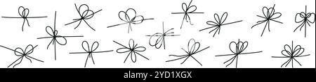 Black bow with tied rope and ribbon knot. Simple line design of string and thread for gift wrapping or marine cord. Flat vector illustration isolated Stock Vector