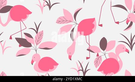 Animal seamless pattern, cute flamingos with leaves in pink tones on light grey Stock Vector