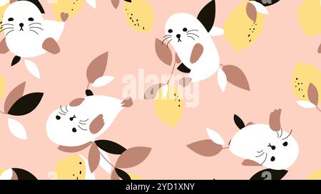Animal seamless pattern, cute seals with lemons in on light pink Stock Vector