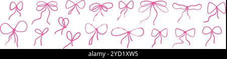 Pink bow with ribbon and lace, cute coquette and girly style. Vintage tie and band Y2K inspired. Flat vector illustration isolated on white background Stock Vector