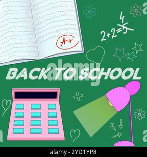 Vector illustration featuring back-to-school supplies on a green chalkboard. Perfect for educational themes and school promotions. Stock Vector