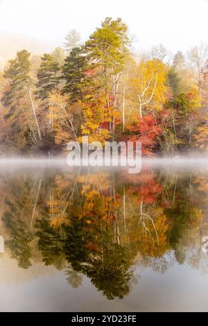 Foggy autumn morning on Straus Lake - Brevard, North Carolina, USA Stock Photo