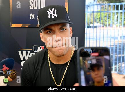 Los Angeles, United States. 24th Oct, 2024. New York Yankees left fielder Juan Soto speaks to the media during workout day ahead of Game 1 of the 2024 World Series at Dodger Stadium on Thursday, October 24, 2024 in Los Angeles Photo by Jim Ruymen/UPI Credit: UPI/Alamy Live News Stock Photo