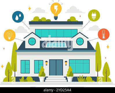 Energy Efficient at Home Vector Illustration of Smart House Technology System with Centralized Control in a Flat Style Cartoon Background Stock Vector