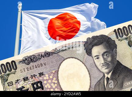 Flag of Japan and Japanese currency 1000 yen Stock Photo