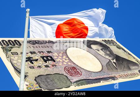 Flag of Japan and Japanese currency 1000 yen Stock Photo