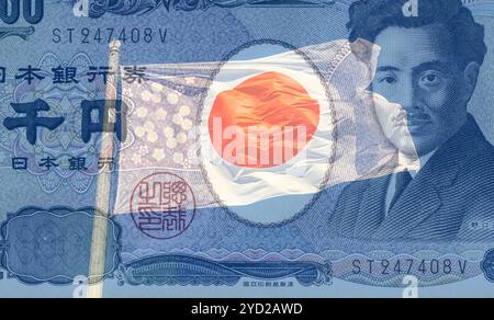 Flag of Japan and Japanese currency 1000 yen Stock Photo