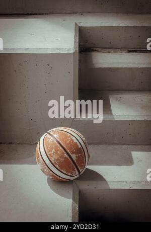 Old basketball ball on cement floor with Stairs leading and Natural light. use it as your Wallpaper, Poster and Copy space, Selective focus. Stock Photo