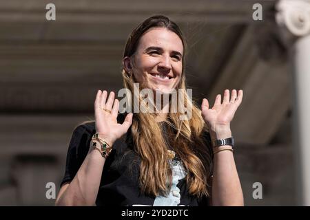 New York, New York, USA. 24th Oct, 2024. Sabrina Ionescu #20 speaks during celebration for Liberty's WNBA Championship at City Hall Plaza in New York on October 24, 2024 (Credit Image: © Lev Radin/ZUMA Press Wire) EDITORIAL USAGE ONLY! Not for Commercial USAGE! Stock Photo