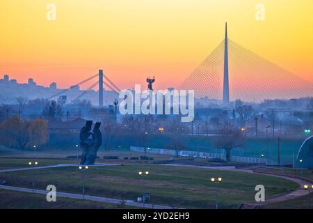 Belgrade Sava river coast and cityscape at sunset view Stock Photo