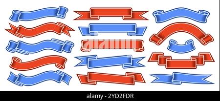 Vector Ribbon Banners Set, collection of isolated illustrations horizontal festive ribbons for slogan, group of 15 variety ribbons with copy space, re Stock Vector