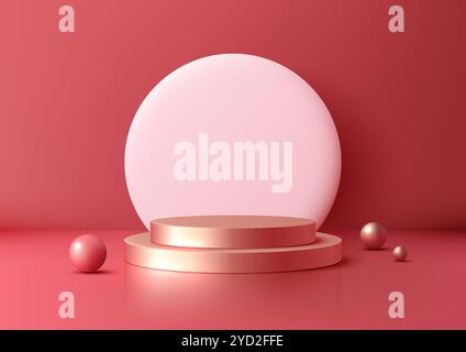 Elegant 3D rose gold podium on a vibrant red and pink backdrop. Spheres enhance depth and balance, luxury product displays mockups, modern showrooms Stock Vector