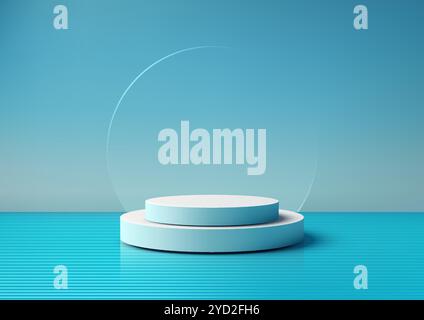 Minimalist 3D scene featuring white stacked circular podiums behind a transparent glass circle, set against a light blue sky. Reflections on a blue st Stock Vector