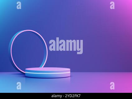 Futuristic 3D podium features a glowing neon ring set against a vibrant blue and purple gradient background, making it perfect for technology showcase Stock Vector