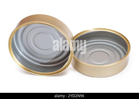 Two Opened Empty Tin Cans Isolated on White Background. Clean Used Aluminum Cans - Isolation. Non-Degradable Inorganic Waste Stock Photo