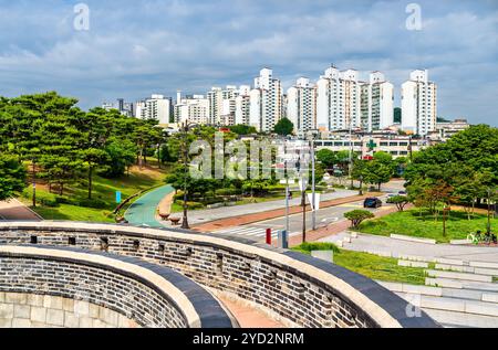 Skyline of Suwon Viewed from Hwaseomun Gate of Hwaseong Fortress, South Korea Stock Photo