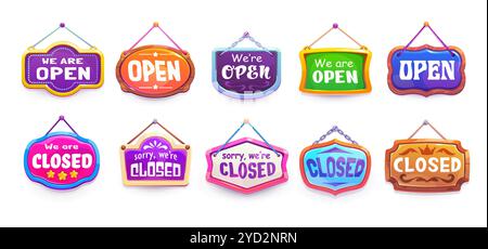 Board signs, open and closed shop notice signboards, vector icons for store door. Cartoon modern and retro board signs with Sorry We Are Closed and Welcome open signboards hanging on strings for shop Stock Vector