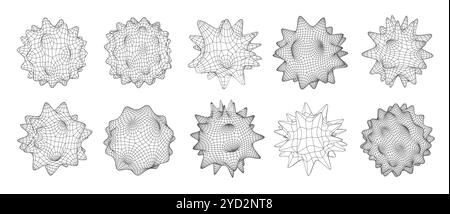 3d grid cell frames, geometric mesh figures resembling organic or cellular structures. Vector set of wireframe models composed of grid lines, showcasing abstract forms with spiked or smooth surfaces Stock Vector