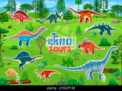 Prehistoric dinosaurs stickers pack feature colorful dino species at lush, green jungle forest landscape. Cartoon vector patches for educational or creative kids hobbies, fun children activities Stock Vector