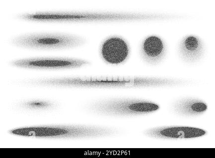 Spray noise grain circle and oval figures, halftone shapes with spray effect creates smooth gradient brush that transition from dense to sparse. 3d vector abstract dotwork with pointillism sand effect Stock Vector