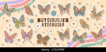 Groovy butterfly insects stickers pack. Vibrant retro patches with whimsical floral patterns and butterflies for decorative creative crafts. Vector set with cheerful colors evoke a sense of nostalgia Stock Vector