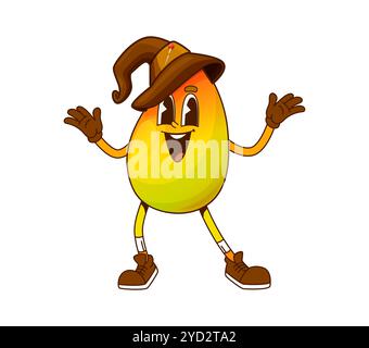 Groovy mango fruit Halloween wizard character. Ripe tropical fruit wizard comic personage, whole mango sorcerer or magician vintage groovy vector character or funny mascot wearing magic hat Stock Vector