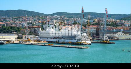 Trieste, Italy - July 29, 2024: Cruise Ship Viking Vela under construction in Shipyard of Trieste. Stock Photo