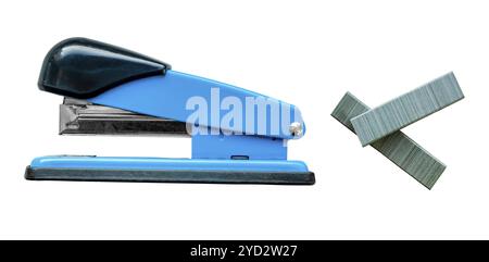 Isolated Blue Stapler And Staples On A White Background Stock Photo