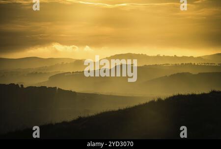Beautiful Magic Hour Light Over Misty Rolling Hills Stock Photo