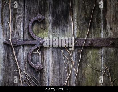Ancient Rusty Door Hinge On An Old Church Or Catherdral Door With Vines Stock Photo