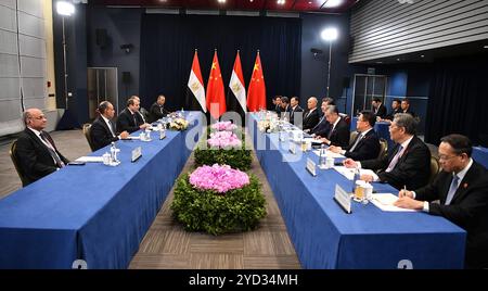 23 October 2024   Kazan, Russia - Egyptian President Abdelfattah Al-Sisi meets Chinese Premier Xi Jinpeng and delegation on the sidelines of the three-day Brics summit.   They held bilateral talks to strengthen Egyptian-Chinese economic ties, and discussed the need for a permanent and comprehensive resolution to the Palestinian cause by launching a political process that leads to establishing a Palestinian state according to international legitimacy resolutions.  El-Sisi and Jinping also reviewed the overall bilateral relations and ways to enhance them across various fields and strengthen coor Stock Photo