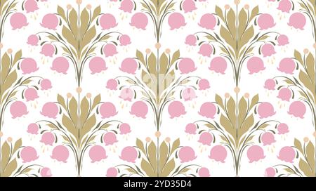 Vector seamless pattern with pink lilies of the valley. Texture with decorative silhouette of floral arrangement on a white background. Surface design Stock Vector