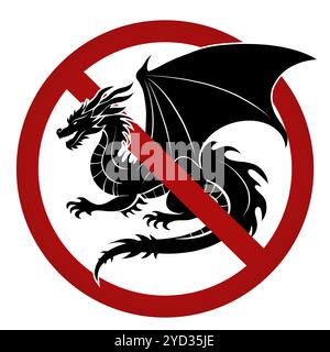 Vector prohibition sign with black silhouette of dragon. Do not touch mythical creatures. Danger of bite of fairy dragon. Forbidden sign for stickers Stock Vector