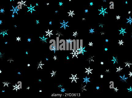Pixel snowflakes on black background for Christmas greeting card. Winter snowfall, in 8bit pixel style Stock Vector