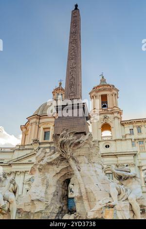 Piazza Navona  is a square in Rome, Italy. It is built on the site of the Stadium of Domitian. Fountain of Four Rivers (Fontana dei Fiumi).Italy. Stock Photo