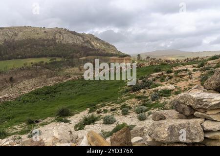 Calatafimi-Segesta, Italy, 4 January, 2024: landscape of Segesta with the ancient Greek temple under an overcast sky, Europe Stock Photo