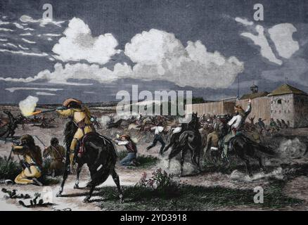 A party of scouts fighting off a stampede of horses started by de Sioux outside Fort Union on the Yellowstone River in the Dakota Territory. Engraving Stock Photo