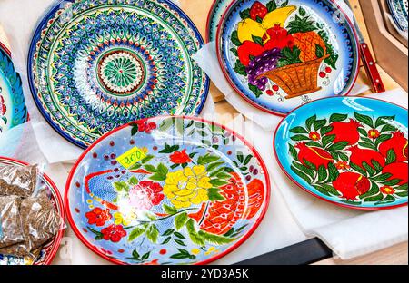 Ethnic Uzbek ceramic round plates Stock Photo