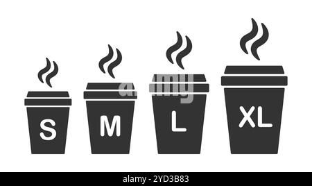 Paper coffee cup size icon symbol collection. Small, medium, large and extra large take away drink set logo sign. Vector illustration. Isolated on whi Stock Vector