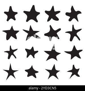 Hand drawn stars. Black star shapes. Doodle star icons. Set of abstract stars. Stock Vector