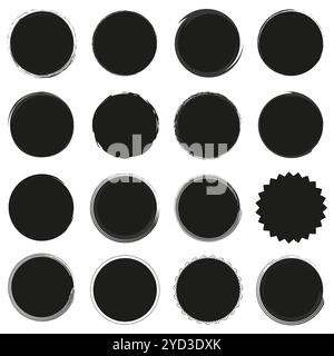 Abstract black circle icons. Rough textured edges. Geometric circular shapes. Vector design elements. Stock Vector