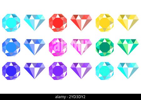 Colored gemstone set. Faceted diamond icons. Bright jewel collection. Vector sparkling crystals. Stock Vector