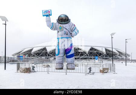 Figure of an astronaut near the Samara Arena football stadium Stock Photo