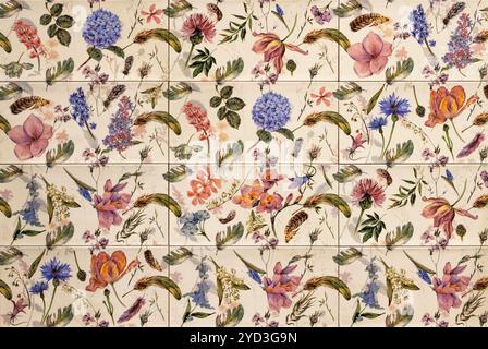Wild flowers and bird feathers in a vintage pattern on a tile. Stock Photo