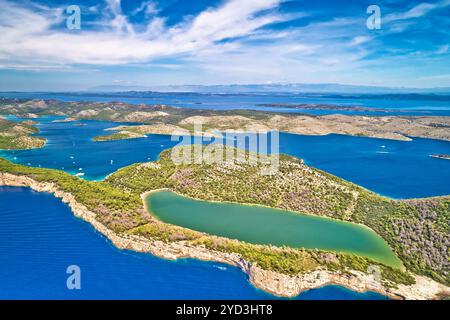 Telascica nature park cliffs and green Mir lake on Dugi Otok island aerial view Stock Photo