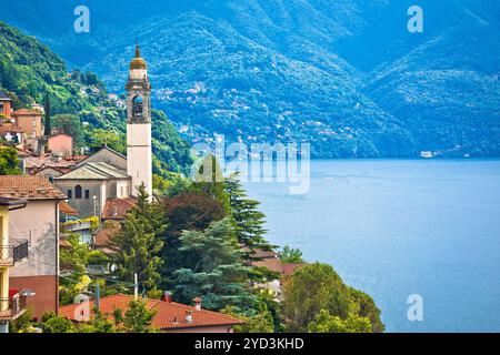 Town of Nesso on steep hill on Como Lake waterfront view Stock Photo