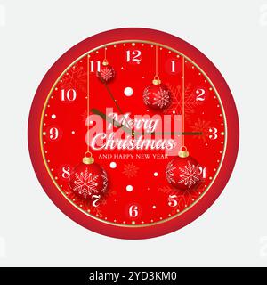 Festive Red Christmas Wall Clock. An elegant and stylish Christmas wall clock with a red background, white snowflakes, and hanging ornaments. Stock Vector